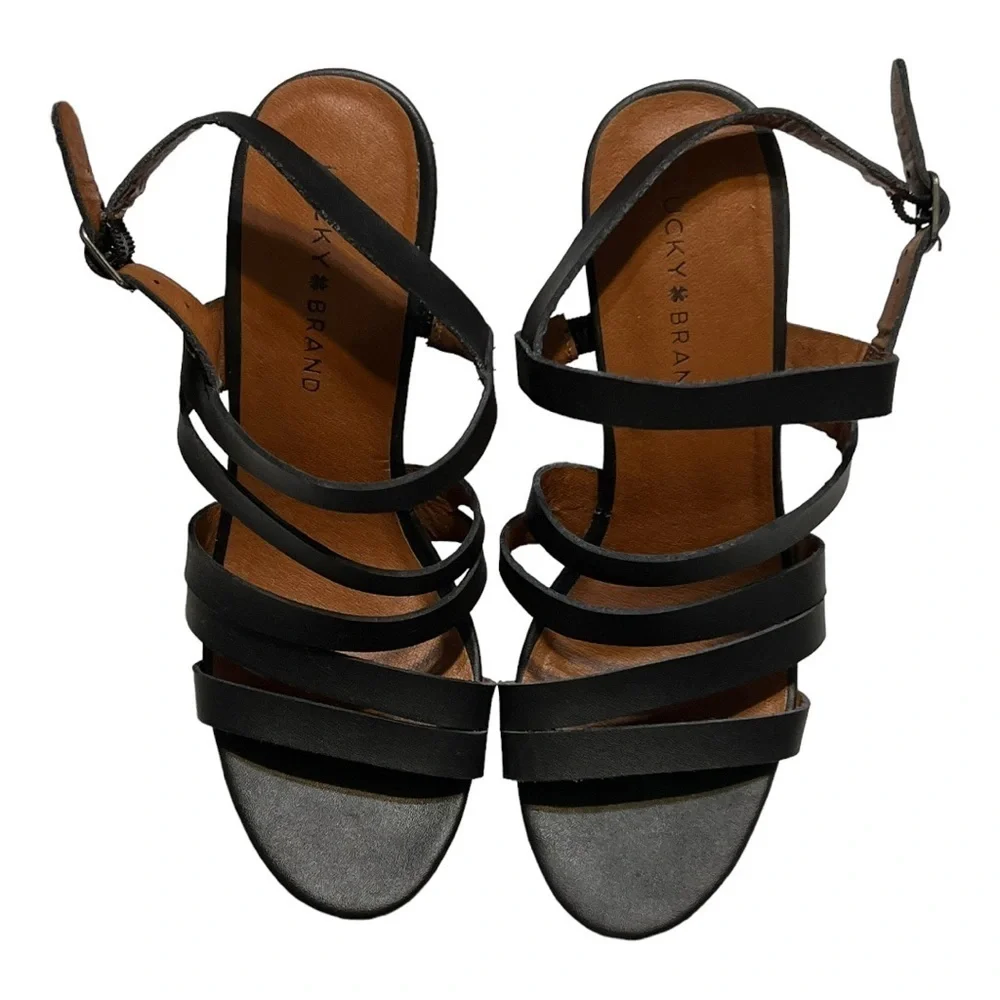 Lucky Brand Larinaa Wedge Sandals 9M Black Leather Strappy Platform Heel